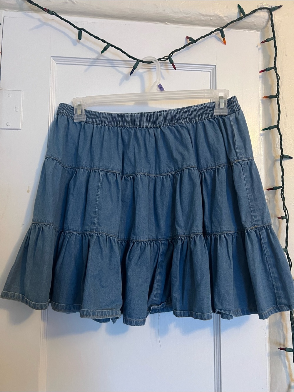 Women's Vintage Blue Tiered Denim Mini Skirt with Elastic Waist XL